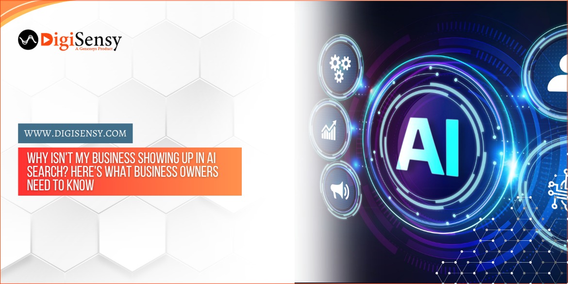 DigiSensy blog banner asking why a business isn't showing up in AI search results, featuring a glowing AI icon with digital network graphics.
